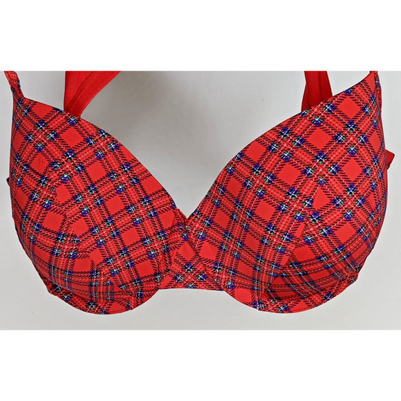 Lane Bryant Cacique Bra 44C Lightly Lined Plunge Red Blue Green Plaid - Picture 1 of 7